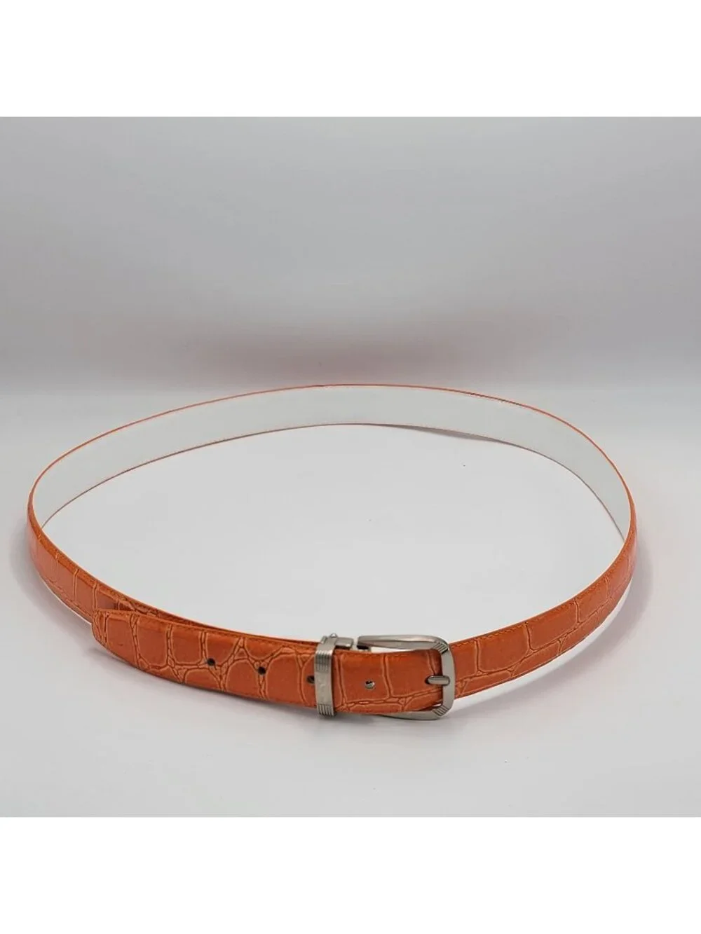 Orange Crocodile-Embossed Genuine Leather Belt With Silver-Tone Buckle